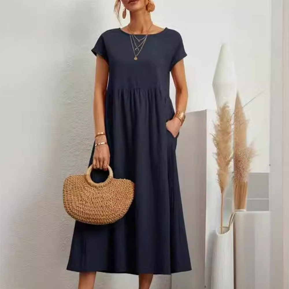 GR | lockeres Rundhals-Sommer-Midikleid aus Baumwolle und Leinen