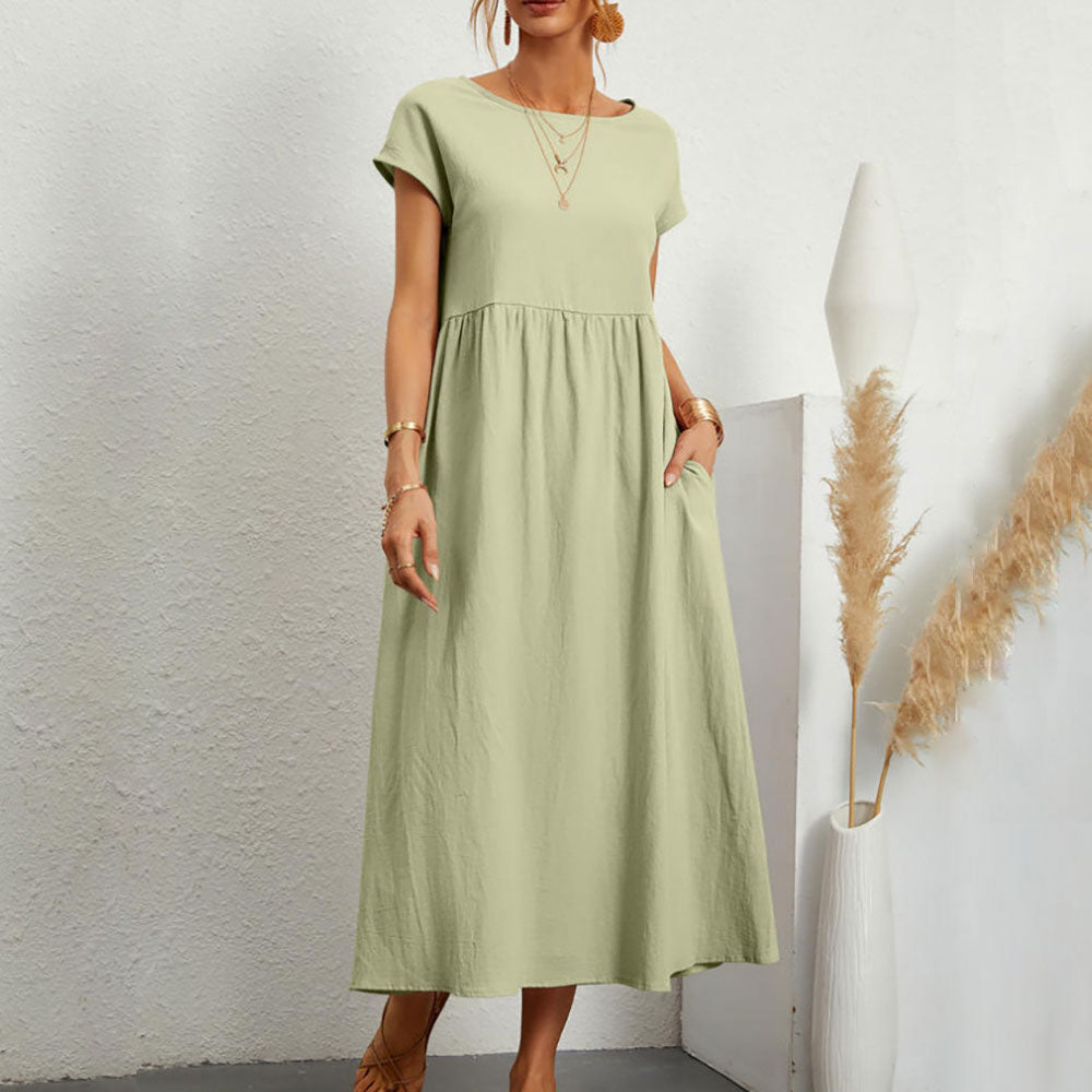 GR | lockeres Rundhals-Sommer-Midikleid aus Baumwolle und Leinen
