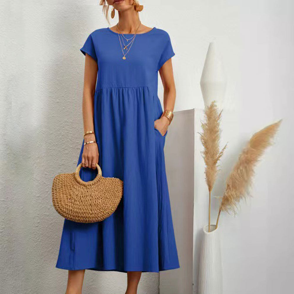 GR | lockeres Rundhals-Sommer-Midikleid aus Baumwolle und Leinen