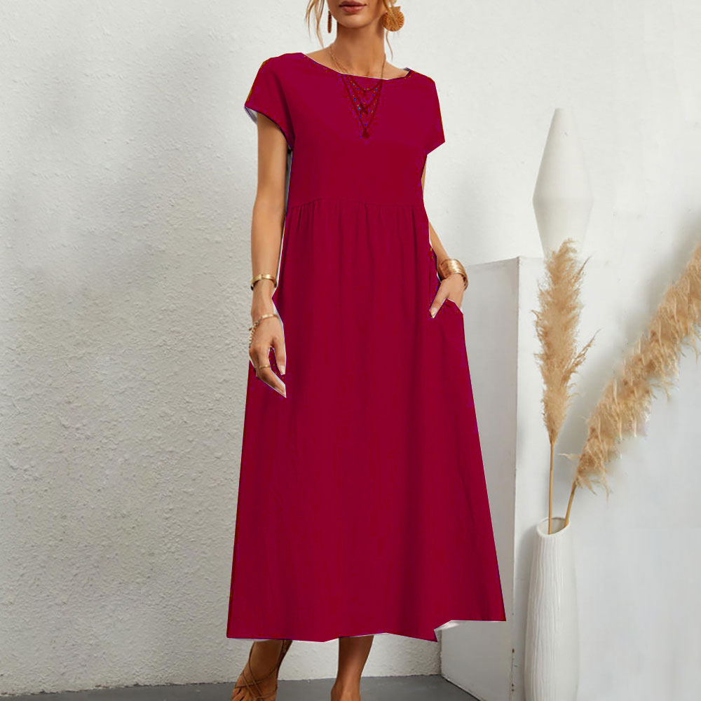 GR | lockeres Rundhals-Sommer-Midikleid aus Baumwolle und Leinen