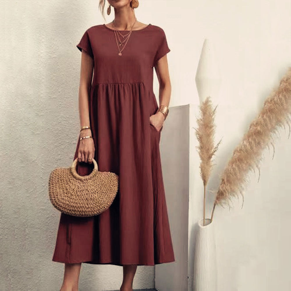 GR | lockeres Rundhals-Sommer-Midikleid aus Baumwolle und Leinen