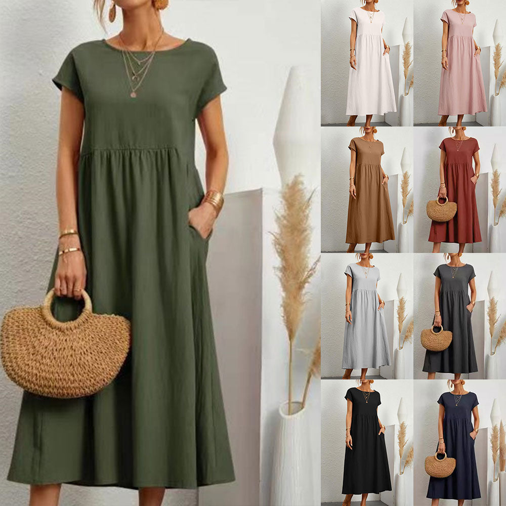GR | lockeres Rundhals-Sommer-Midikleid aus Baumwolle und Leinen