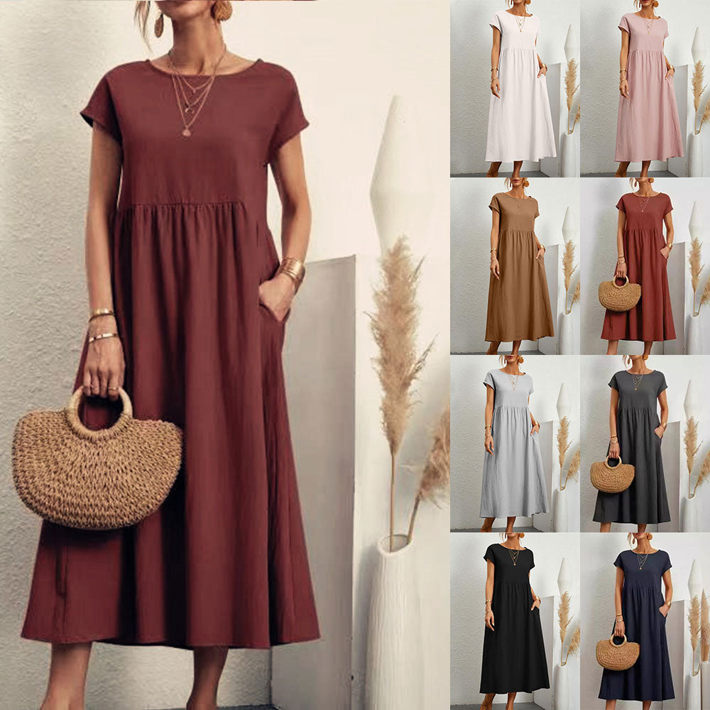 GR | lockeres Rundhals-Sommer-Midikleid aus Baumwolle und Leinen