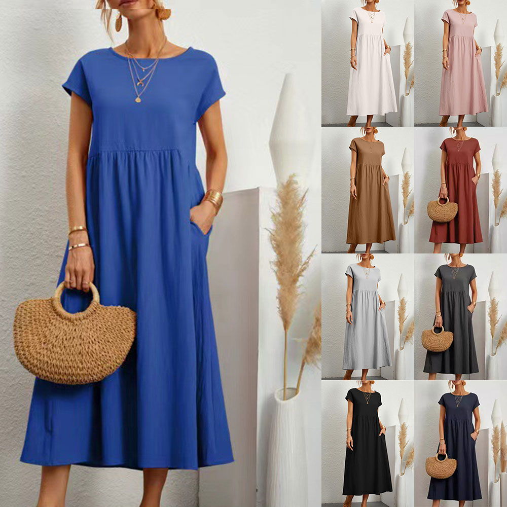 GR | lockeres Rundhals-Sommer-Midikleid aus Baumwolle und Leinen