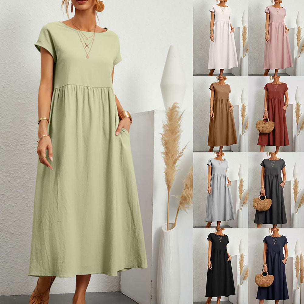 GR | lockeres Rundhals-Sommer-Midikleid aus Baumwolle und Leinen