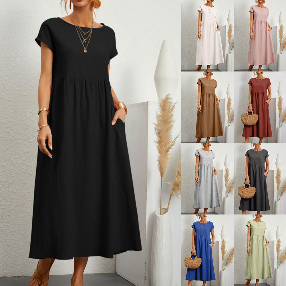 GR | lockeres Rundhals-Sommer-Midikleid aus Baumwolle und Leinen