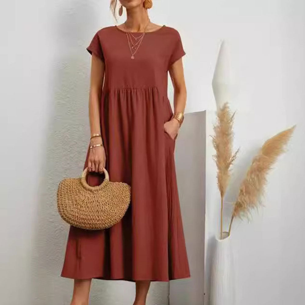 GR | lockeres Rundhals-Sommer-Midikleid aus Baumwolle und Leinen