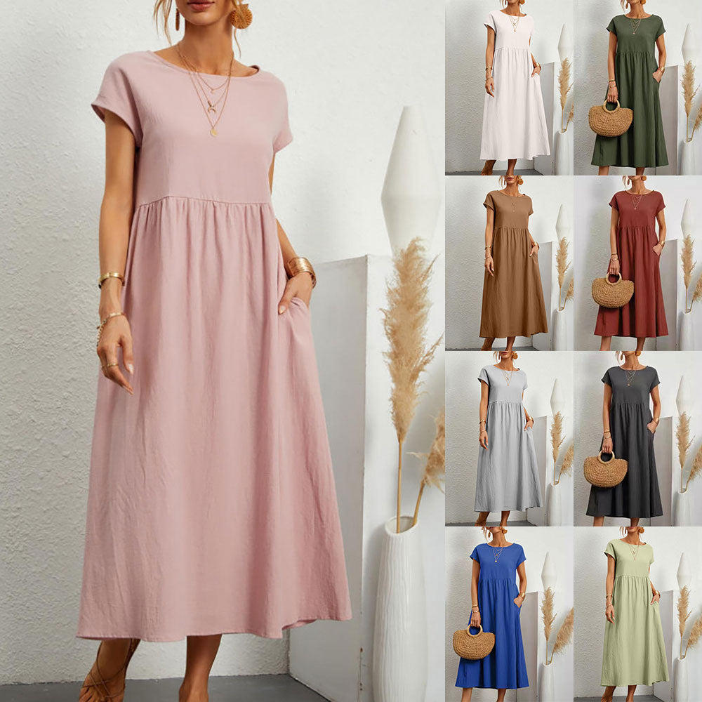 GR | lockeres Rundhals-Sommer-Midikleid aus Baumwolle und Leinen