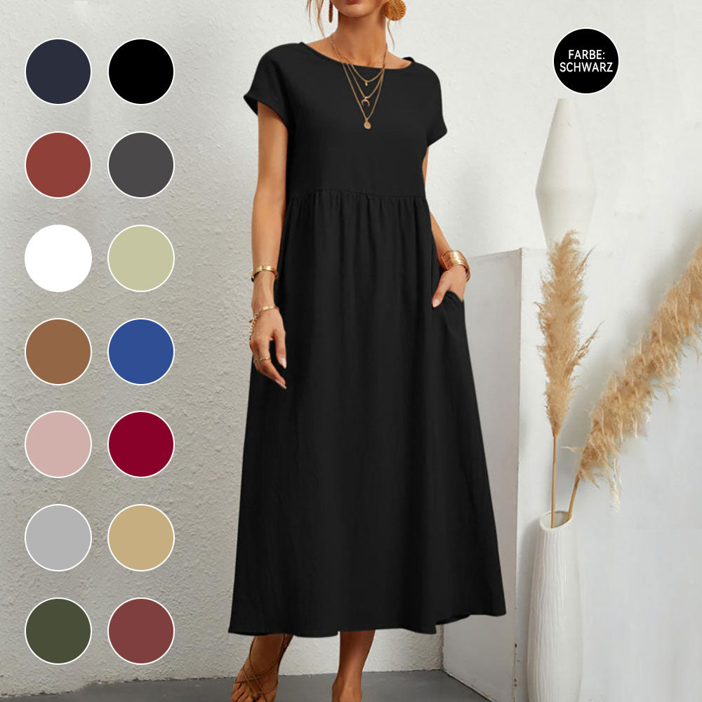 GR | lockeres Rundhals-Sommer-Midikleid aus Baumwolle und Leinen