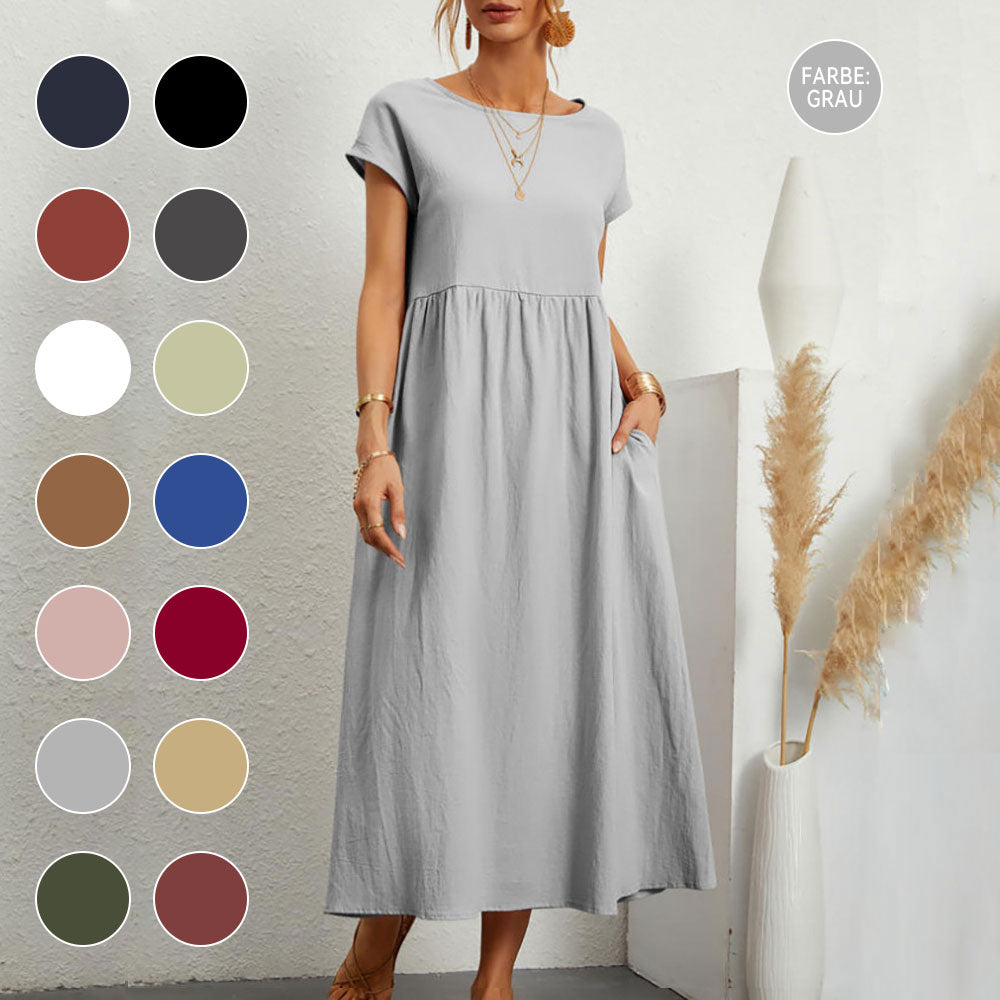 GR | lockeres Rundhals-Sommer-Midikleid aus Baumwolle und Leinen