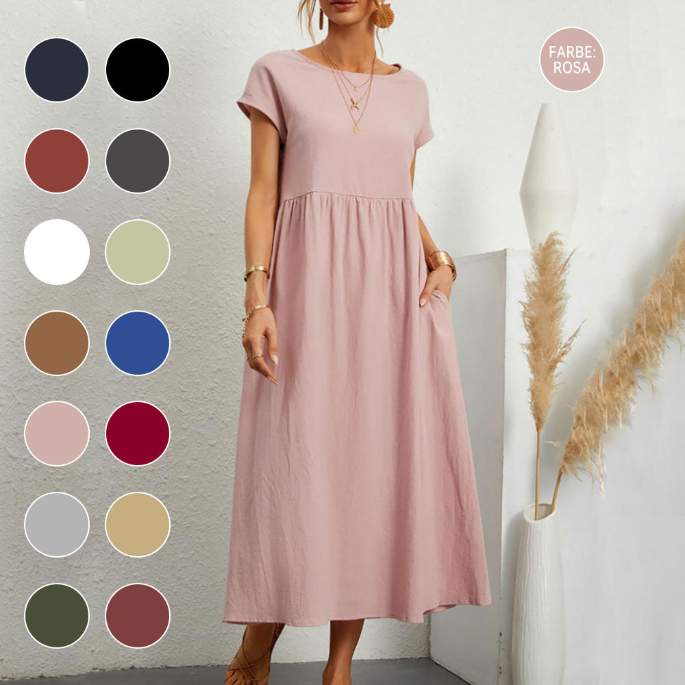 GR | lockeres Rundhals-Sommer-Midikleid aus Baumwolle und Leinen