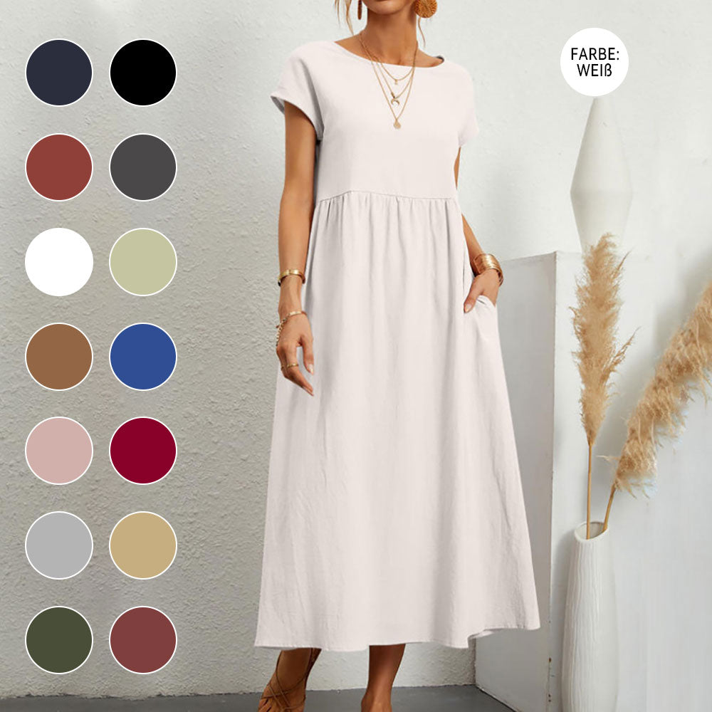 GR | lockeres Rundhals-Sommer-Midikleid aus Baumwolle und Leinen
