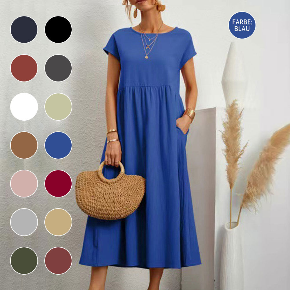 GR | lockeres Rundhals-Sommer-Midikleid aus Baumwolle und Leinen