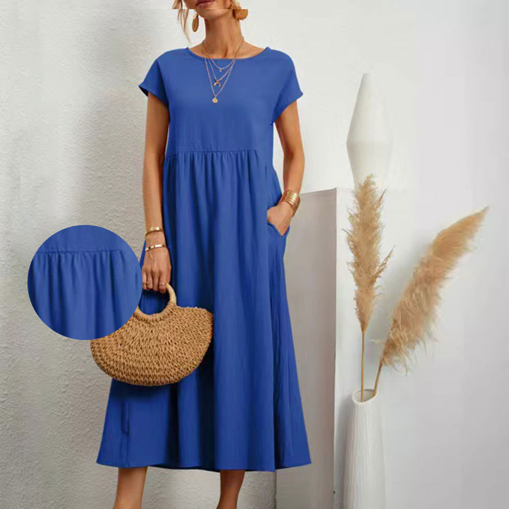GR | lockeres Rundhals-Sommer-Midikleid aus Baumwolle und Leinen