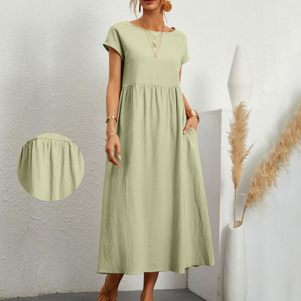 GR | lockeres Rundhals-Sommer-Midikleid aus Baumwolle und Leinen