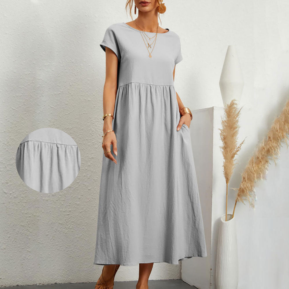 GR | lockeres Rundhals-Sommer-Midikleid aus Baumwolle und Leinen
