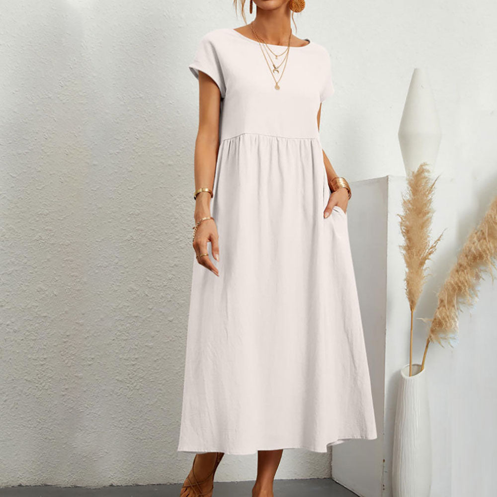 GR | lockeres Rundhals-Sommer-Midikleid aus Baumwolle und Leinen