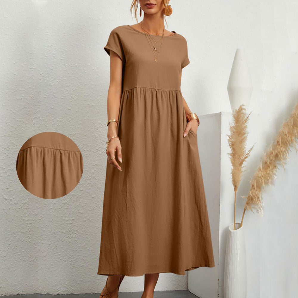 GR | lockeres Rundhals-Sommer-Midikleid aus Baumwolle und Leinen