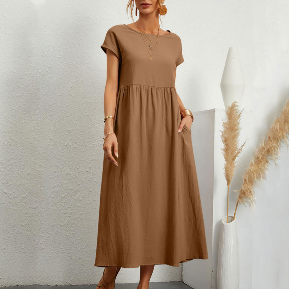 GR | lockeres Rundhals-Sommer-Midikleid aus Baumwolle und Leinen