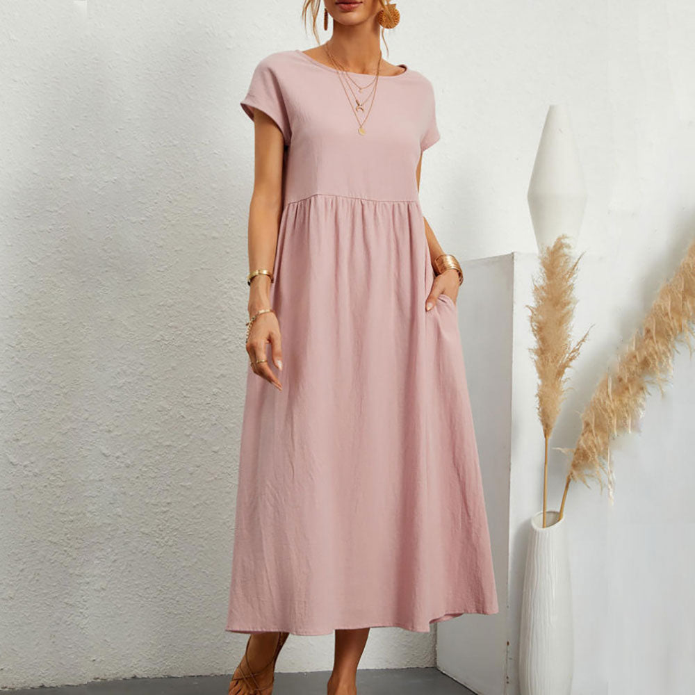 GR | lockeres Rundhals-Sommer-Midikleid aus Baumwolle und Leinen
