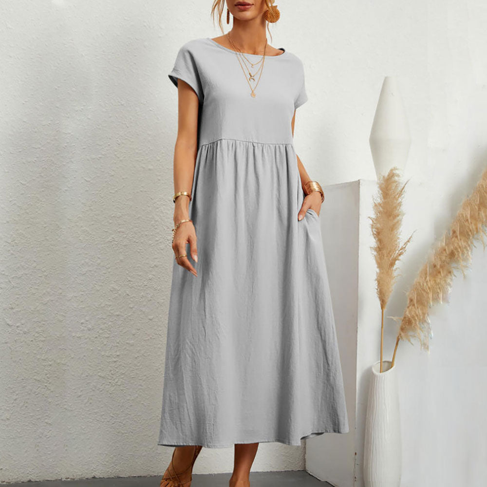GR | lockeres Rundhals-Sommer-Midikleid aus Baumwolle und Leinen