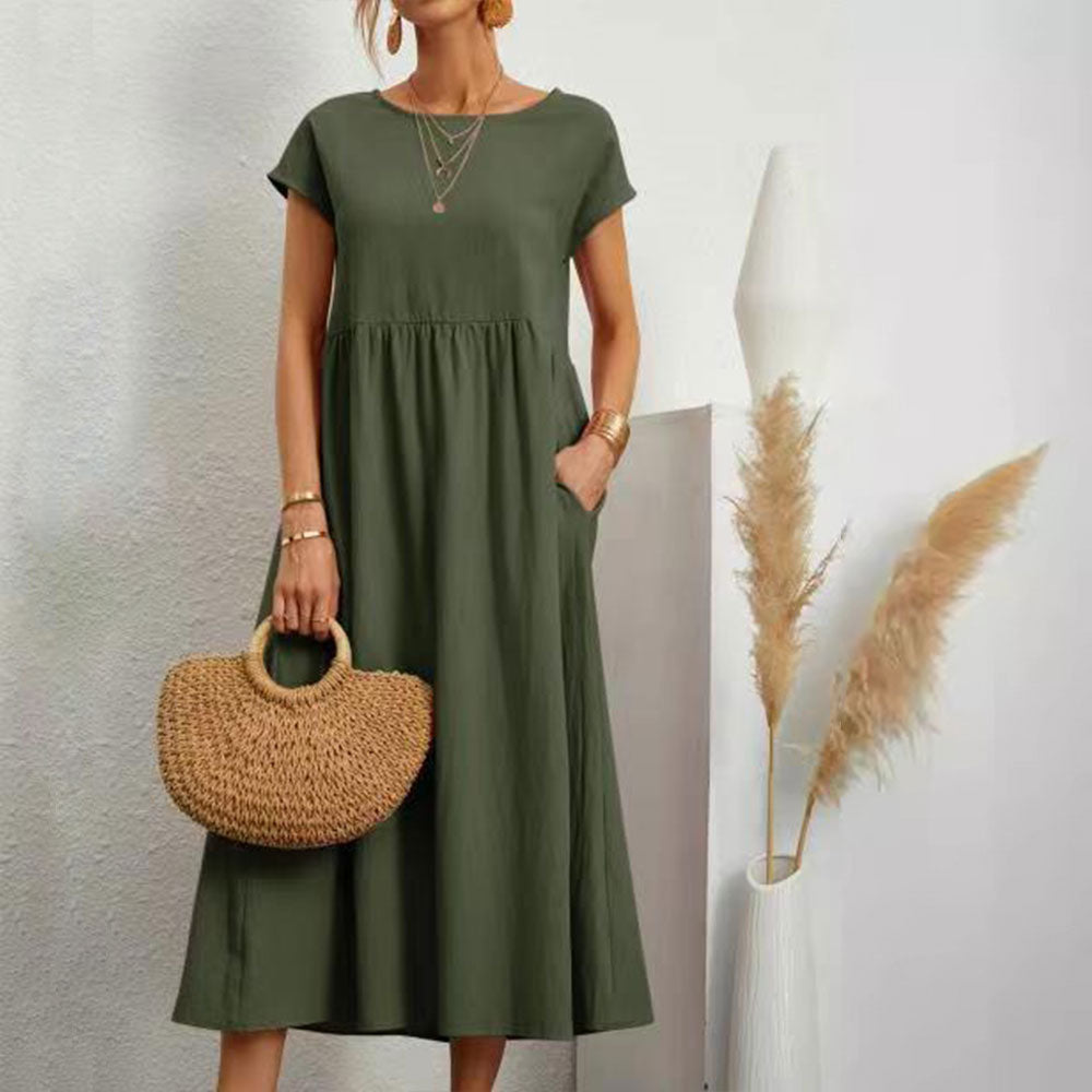 GR | lockeres Rundhals-Sommer-Midikleid aus Baumwolle und Leinen