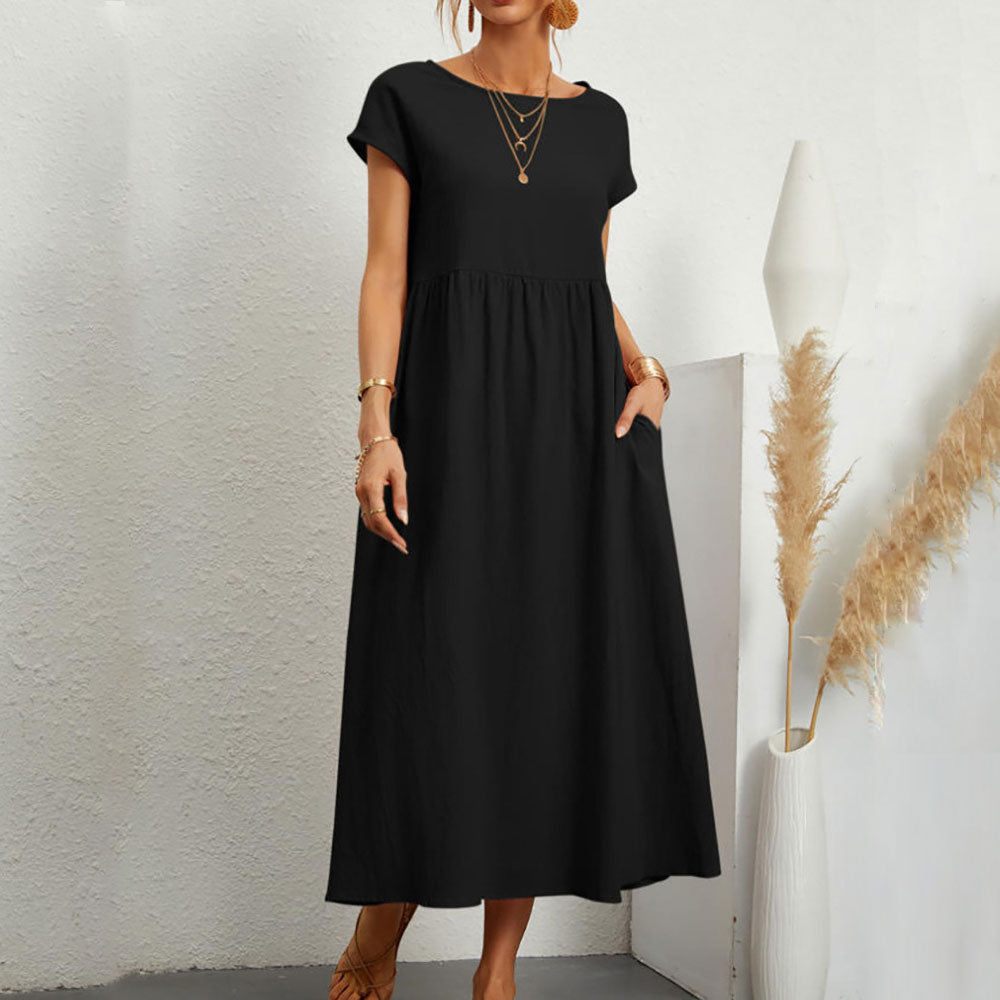 GR | lockeres Rundhals-Sommer-Midikleid aus Baumwolle und Leinen