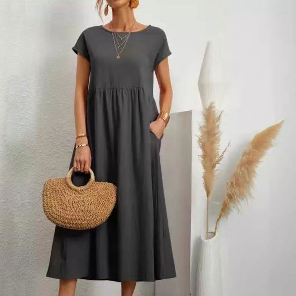 GR | lockeres Rundhals-Sommer-Midikleid aus Baumwolle und Leinen