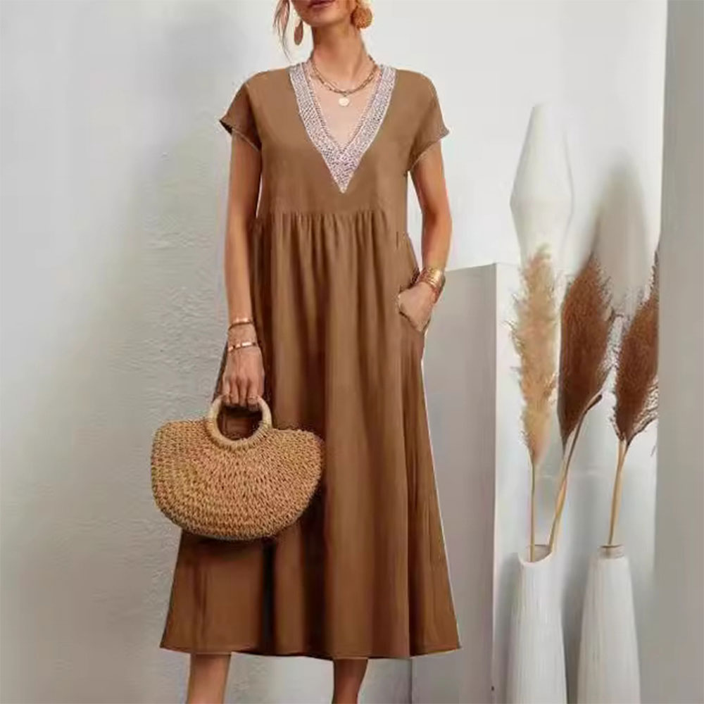 GR | Dress with V-neck and lace hem made of cotton and linen in a solid color