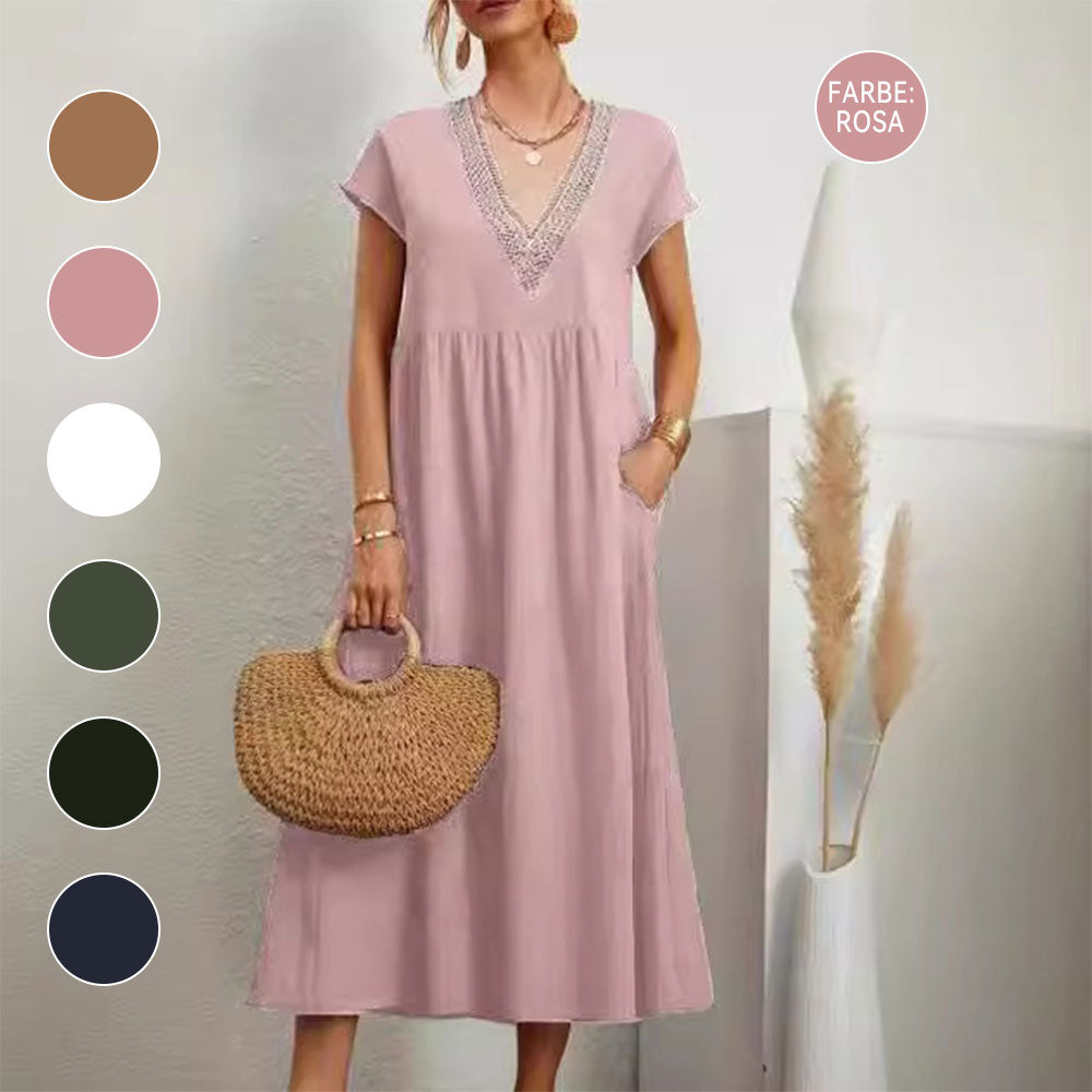 GR | Dress with V-neck and lace hem made of cotton and linen in a solid color