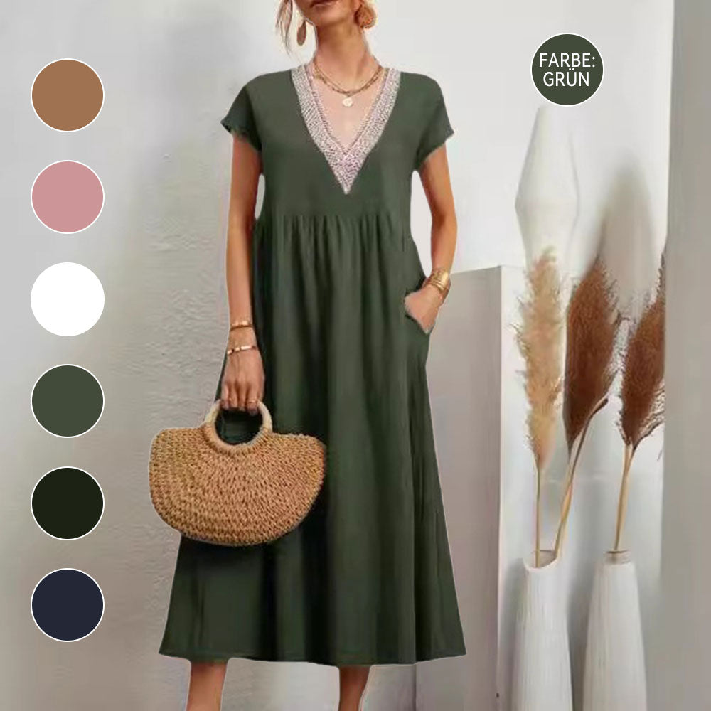 GR | Dress with V-neck and lace hem made of cotton and linen in a solid color