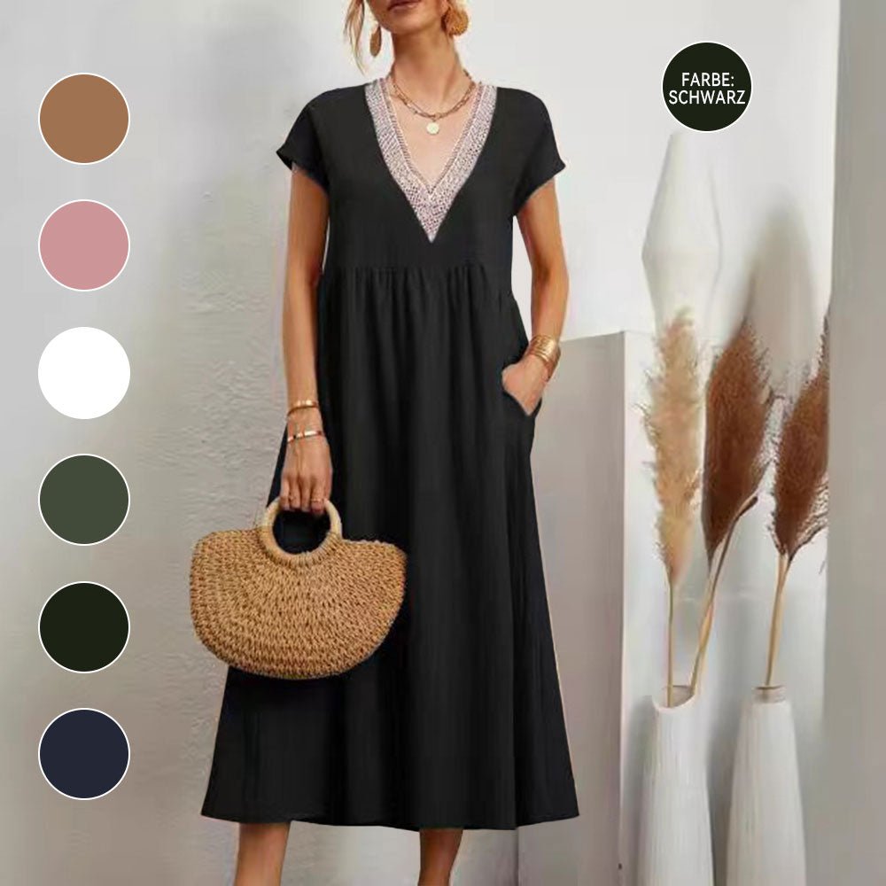 GR | Dress with V-neck and lace hem made of cotton and linen in a solid color