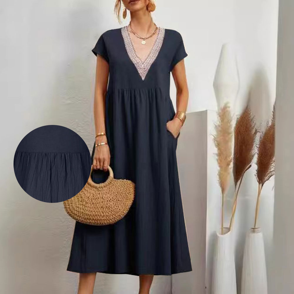 GR | Dress with V-neck and lace hem made of cotton and linen in a solid color
