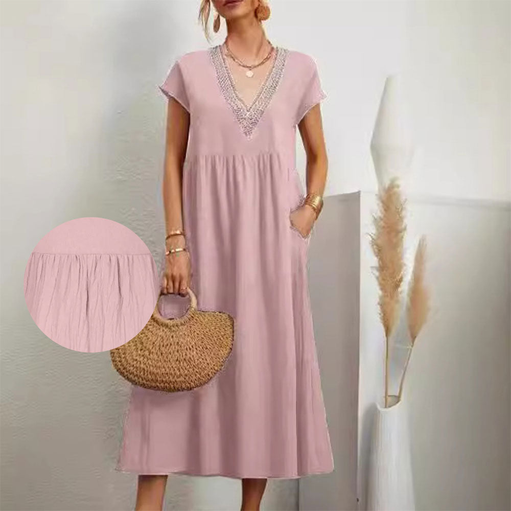 GR | Dress with V-neck and lace hem made of cotton and linen in a solid color