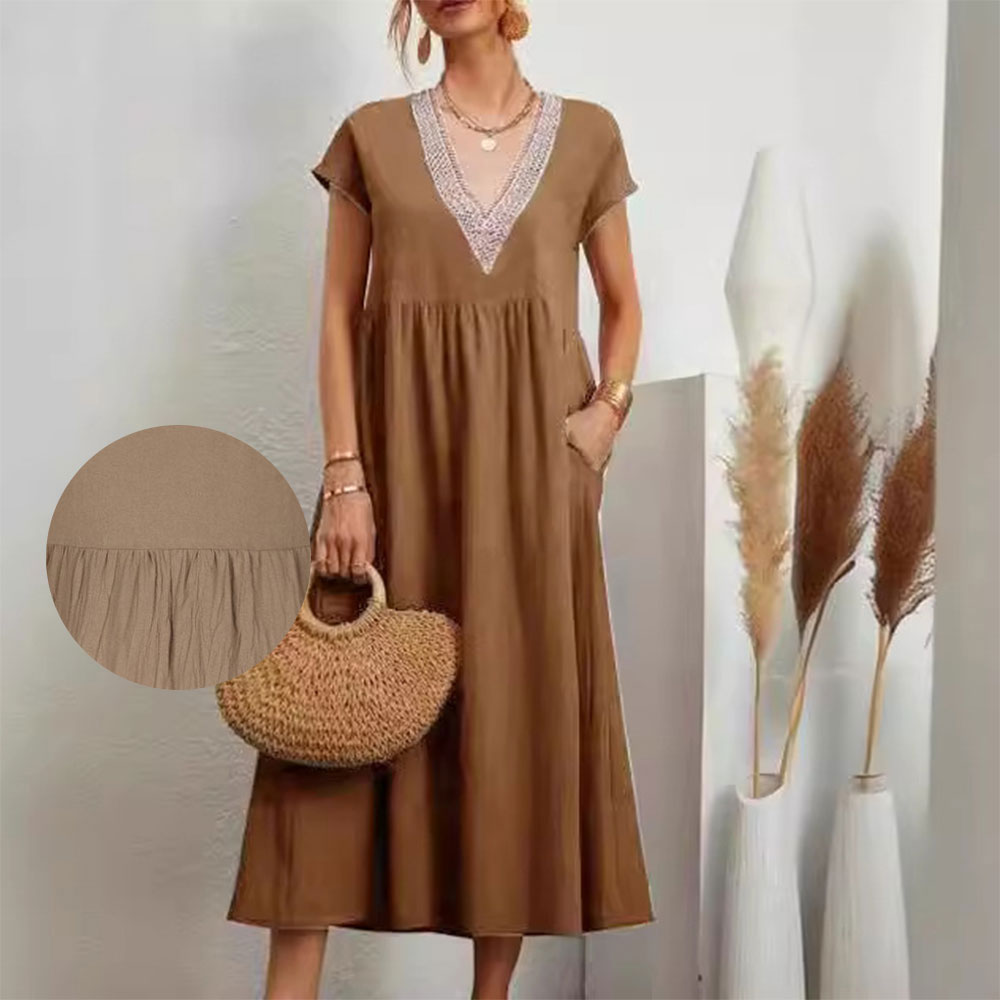 GR | Dress with V-neck and lace hem made of cotton and linen in a solid color