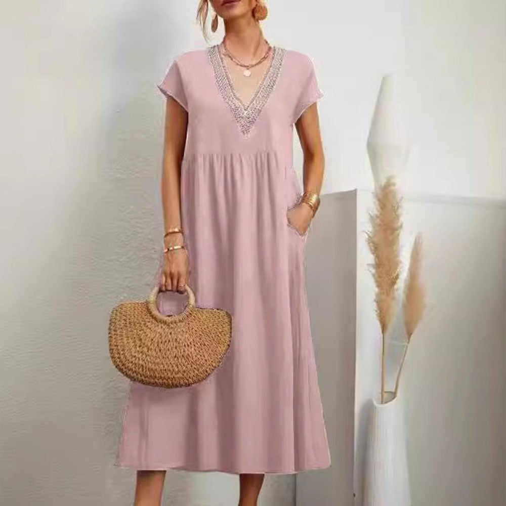 GR | Dress with V-neck and lace hem made of cotton and linen in a solid color