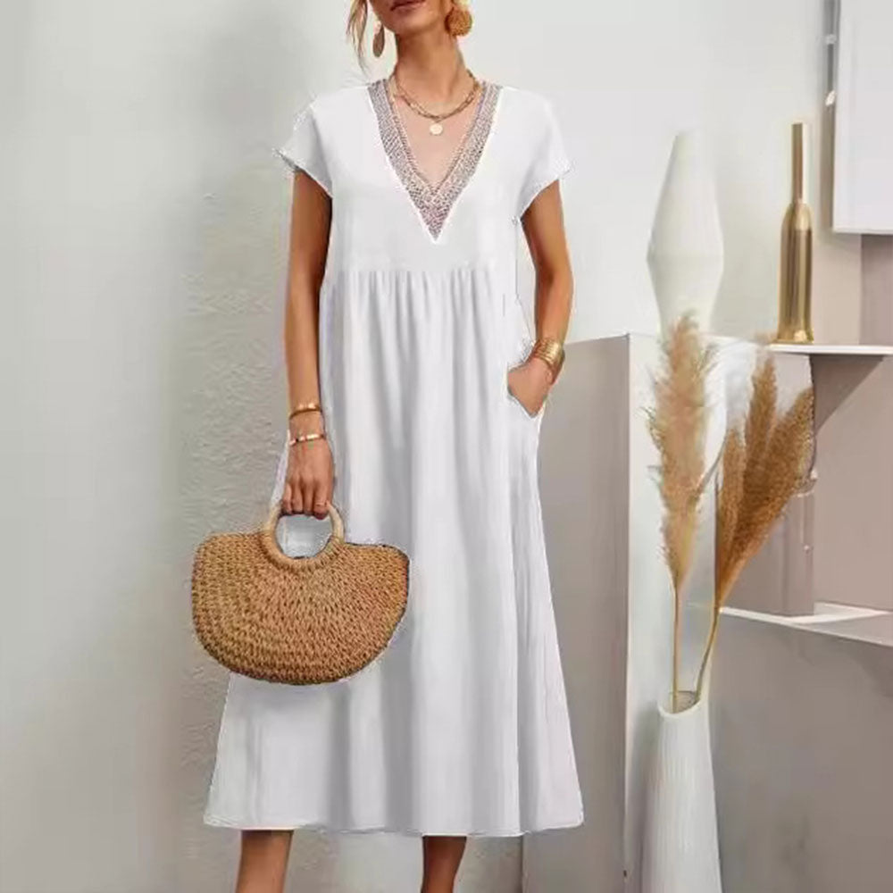 GR | Dress with V-neck and lace hem made of cotton and linen in a solid color