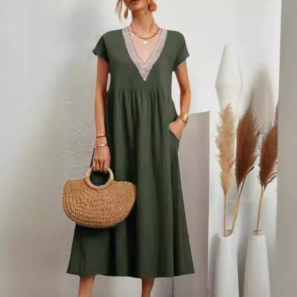 GR | Dress with V-neck and lace hem made of cotton and linen in a solid color