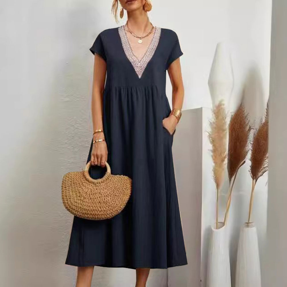 GR | Dress with V-neck and lace hem made of cotton and linen in a solid color