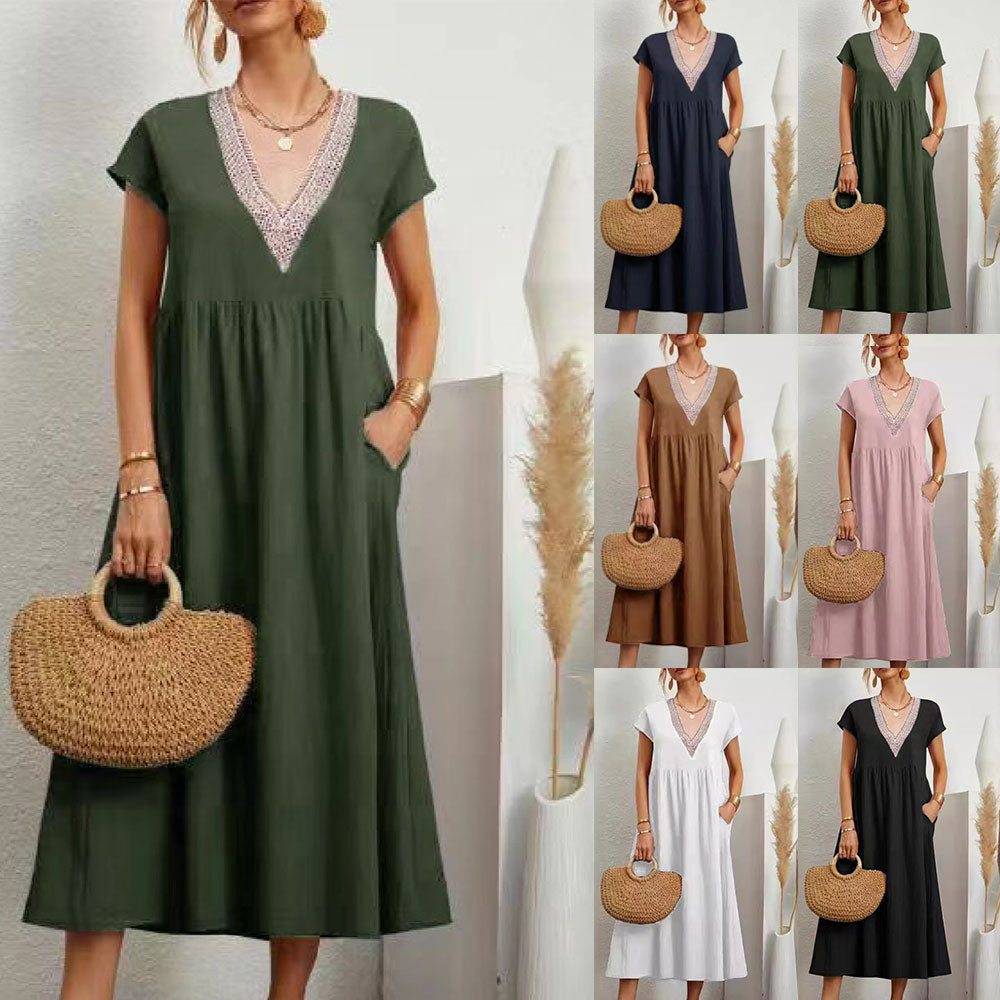 GR | Dress with V-neck and lace hem made of cotton and linen in a solid color