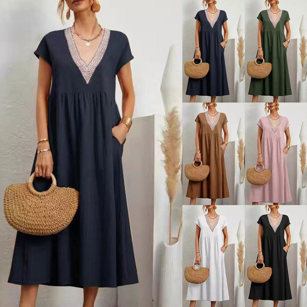GR | Dress with V-neck and lace hem made of cotton and linen in a solid color