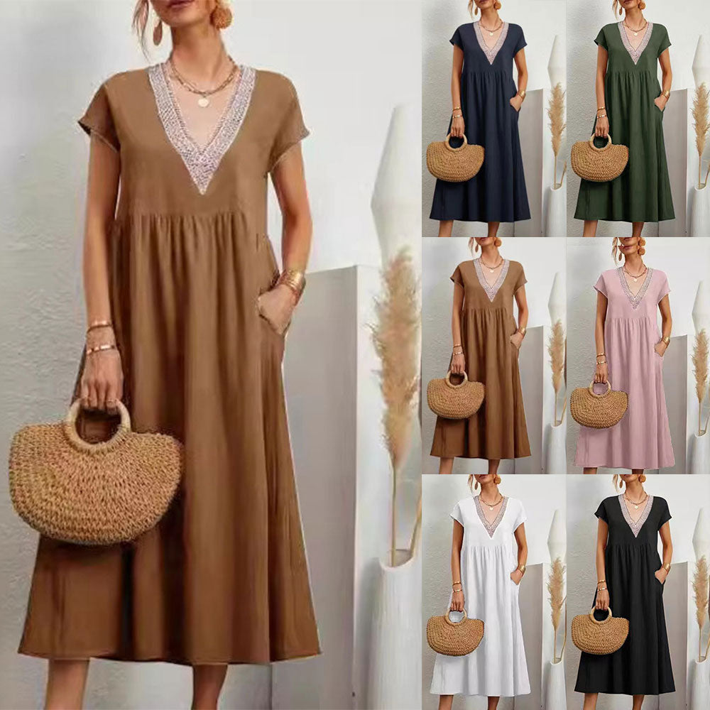 GR | Dress with V-neck and lace hem made of cotton and linen in a solid color