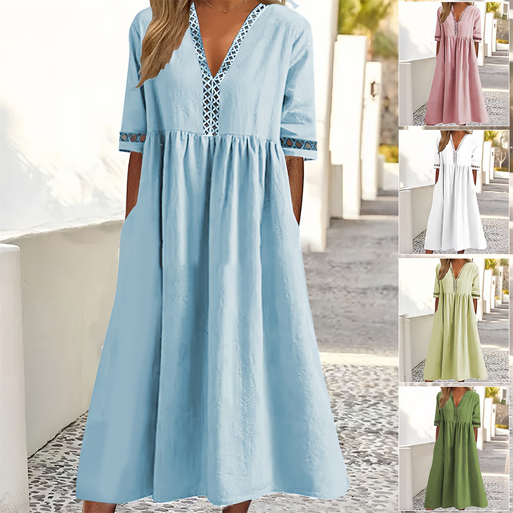 GR | Casual, loose-fitting summer dress made of cotton and linen with a V-neck and short sleeves
