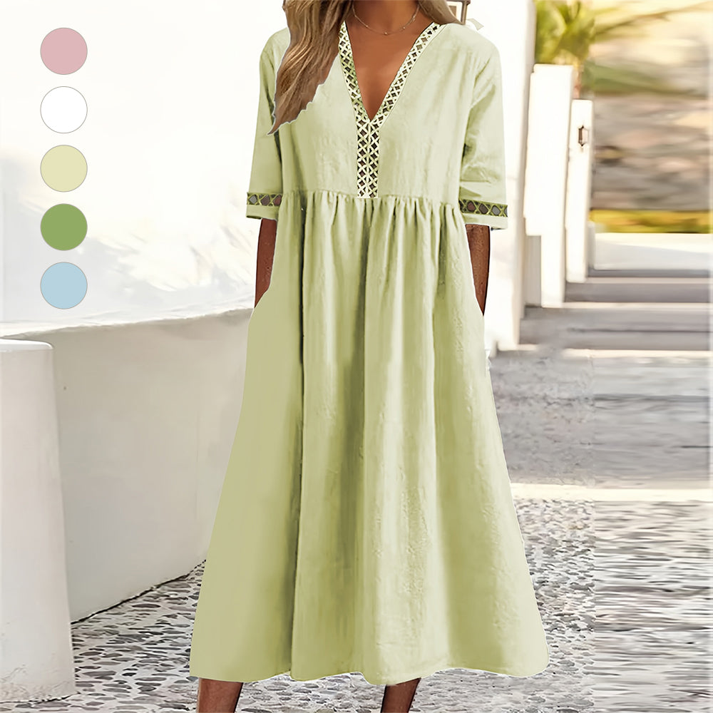 GR | Casual, loose-fitting summer dress made of cotton and linen with a V-neck and short sleeves