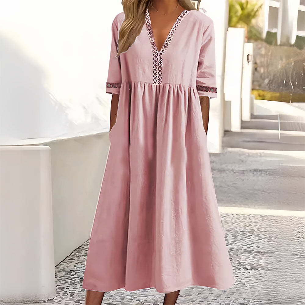 GR | Casual, loose-fitting summer dress made of cotton and linen with a V-neck and short sleeves