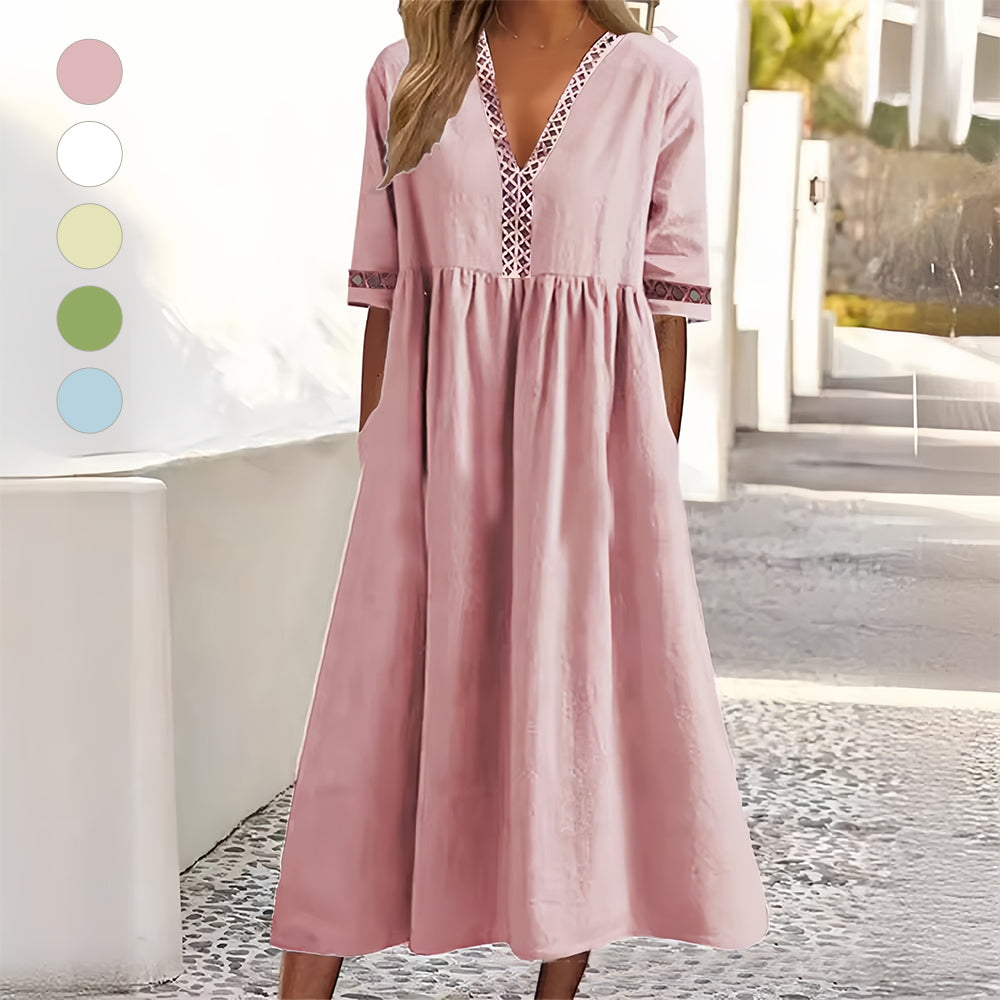 GR | Casual, loose-fitting summer dress made of cotton and linen with a V-neck and short sleeves