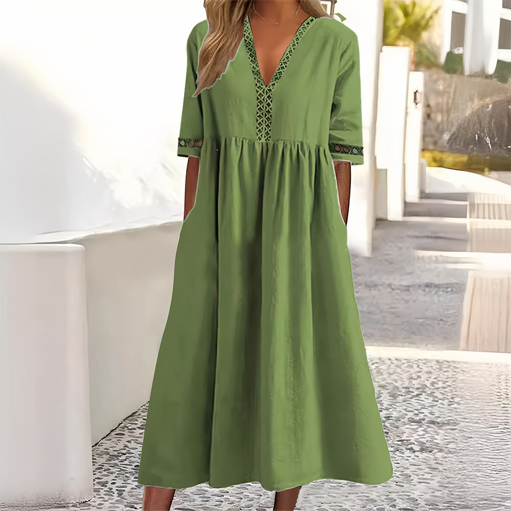 GR | Casual, loose-fitting summer dress made of cotton and linen with a V-neck and short sleeves