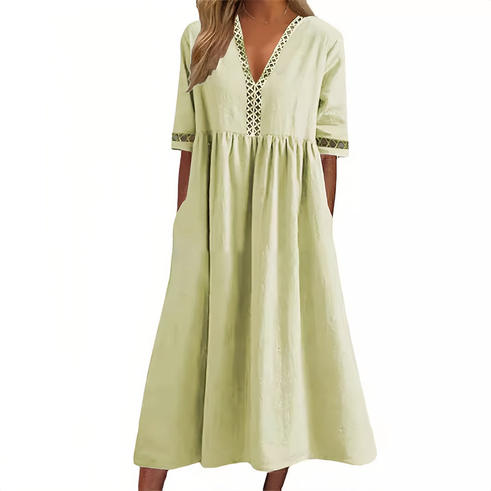 GR | Casual, loose-fitting summer dress made of cotton and linen with a V-neck and short sleeves