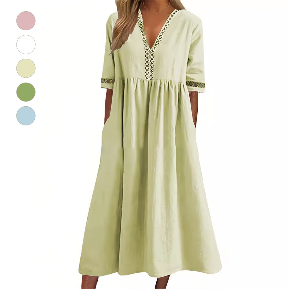 GR | Casual, loose-fitting summer dress made of cotton and linen with a V-neck and short sleeves