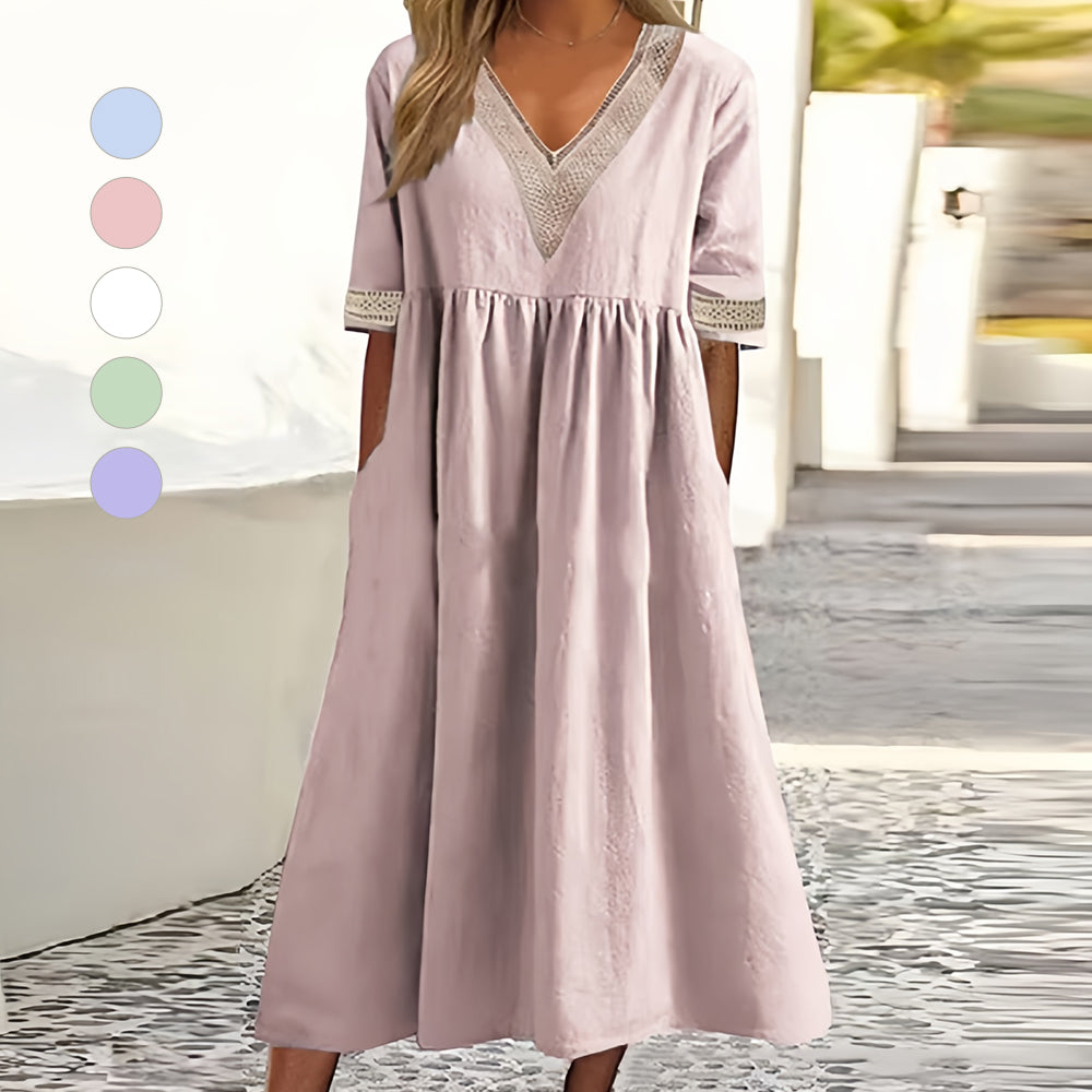 GR | A-Linien-Midi-Sommerkleid mit V-Ausschnitt und kurzen Ärmeln für Damen